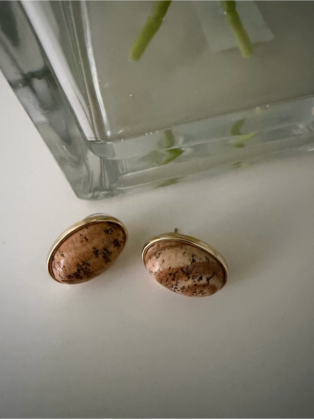 Mignonne Gavigan Speckled Tan Oval Stud Earrings with Gold Trim